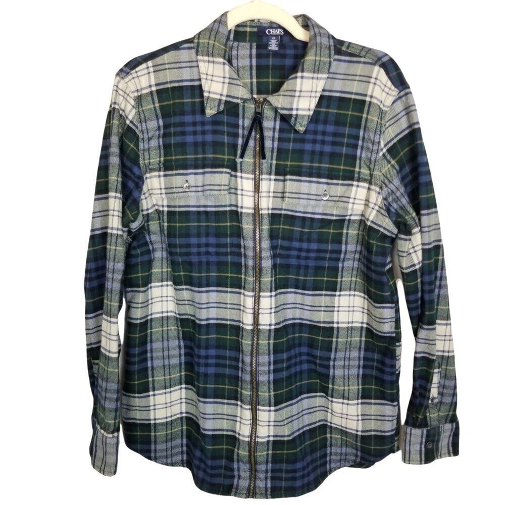 Chaps Ralph Lauren Mens Full Zip Plaid Flannel Shirt L Preppy Cotton Breathable